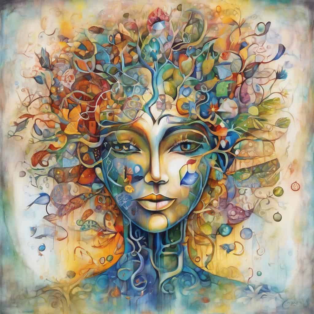 Ζωγραφιά με πολύχρωμο πρόσωπο και φανταστικές λεπτομέρειες, εκφραστική τέχνη, δημιουργία και έμπνευση.