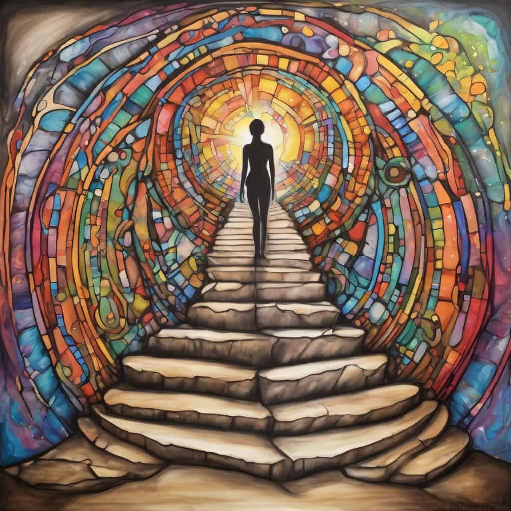 Πολύχρωμη τέχνη, ανθρώπινη μορφή, σκαλοπάτια, φωτεινή έξοδος.